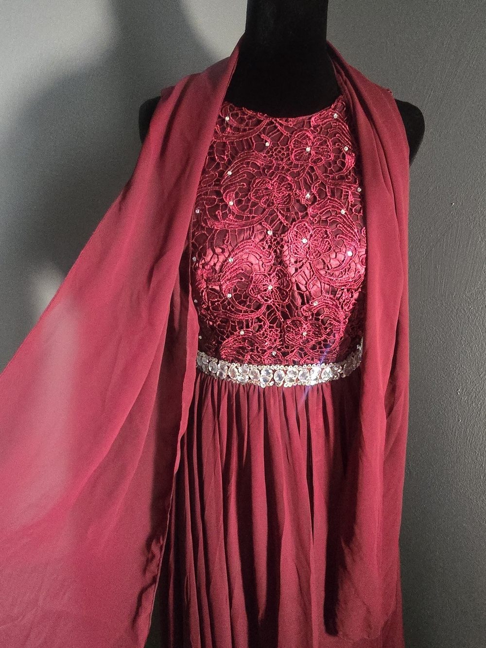 Evan Picone Burgundy Sequin Lace Halter Prom Dress with Rhinestone Waist
